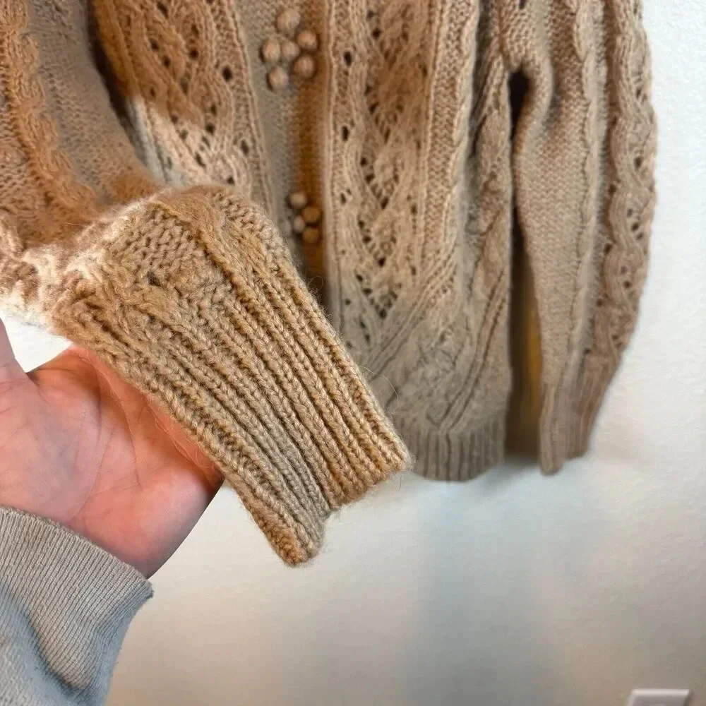 J Crew Womens Sweater Camel Long Sleeve Alpaca  wool blend Cable Knit Size Small - Picture 3 of 9